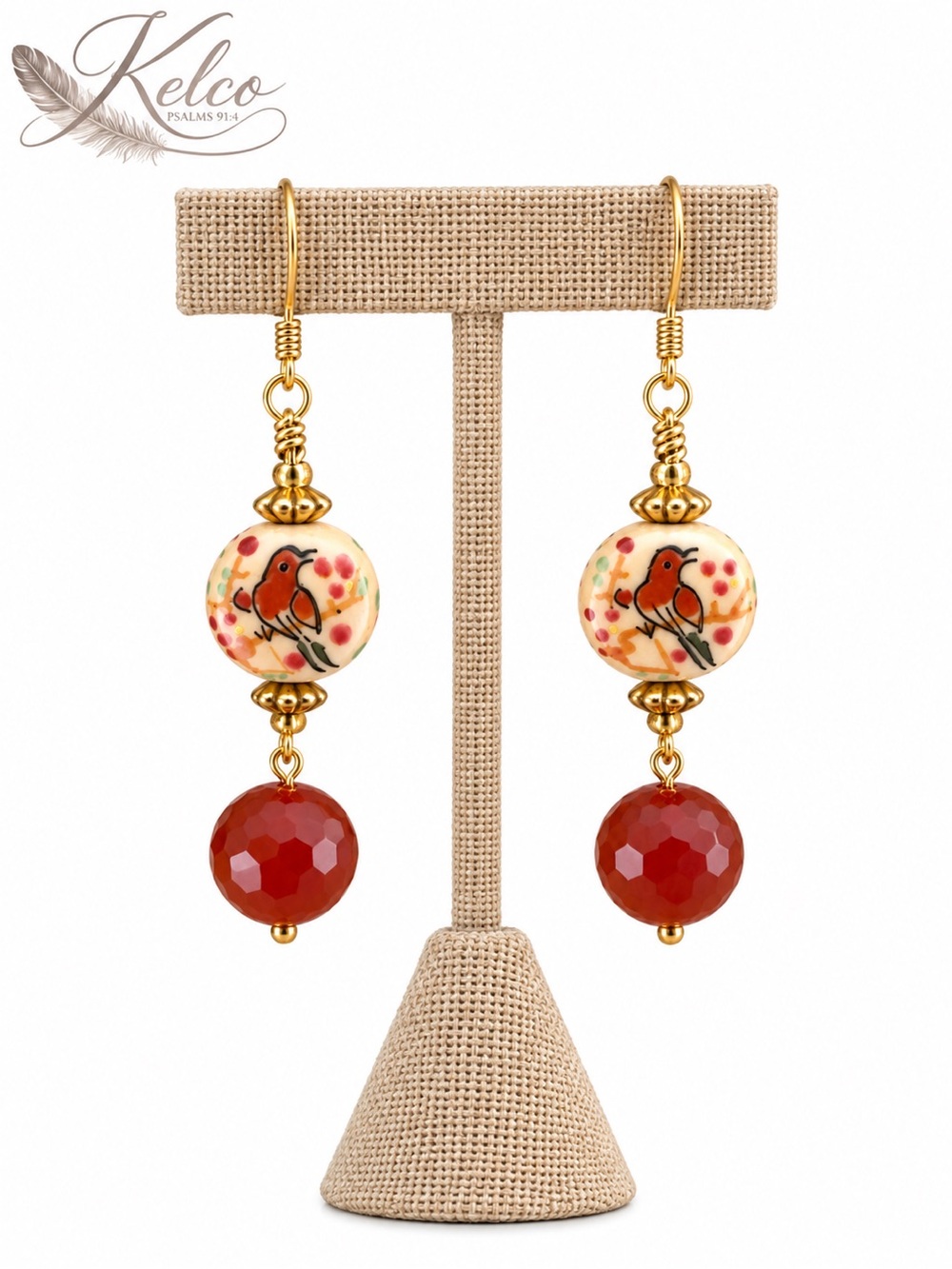 Hand-Painted Tensha Bird & Carnelian Agate Earrings — 2”